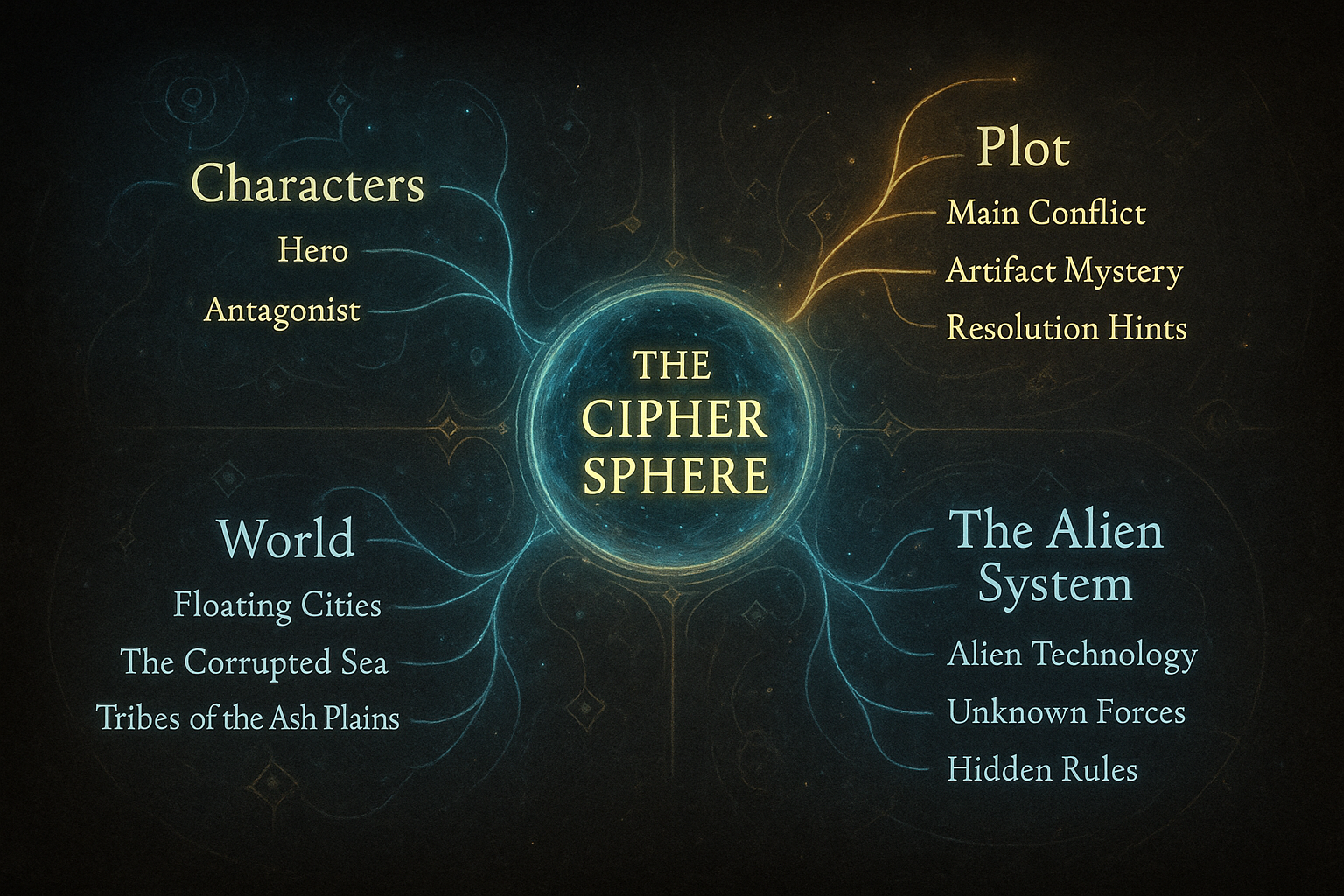 Fantasy mind map of “The Cipher Sphere” story idea, showing branches for characters, plot, world, and an alien system with elements like floating cities, corrupted seas, and hidden rules.
