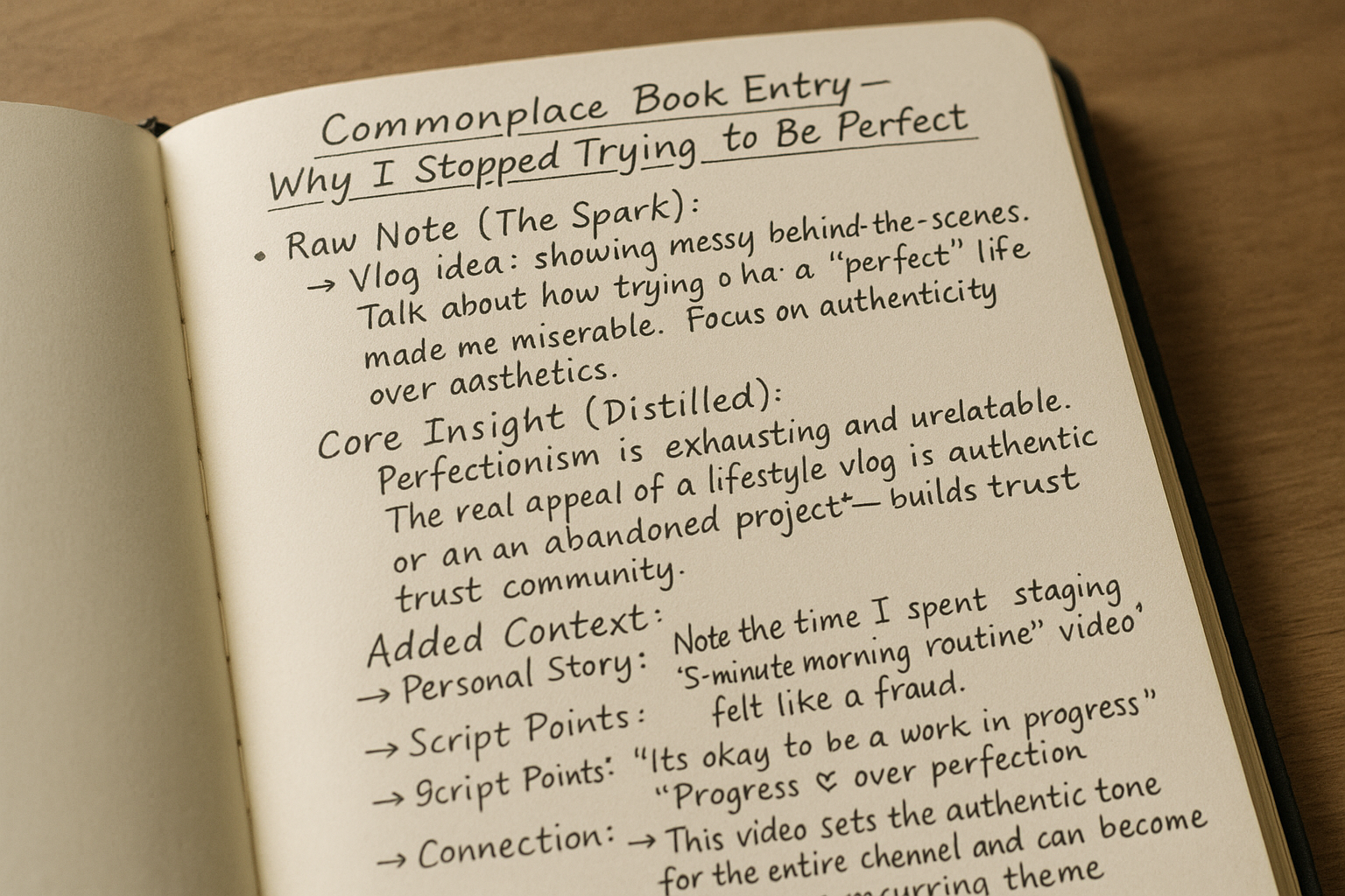 Handwritten commonplace book entry with raw notes, distilled insights, and script points for a vlog.