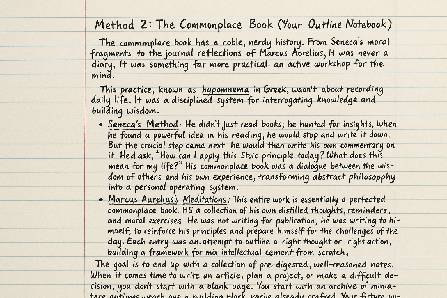 Notebook entry about the history of commonplace books, referencing Seneca and Marcus Aurelius.