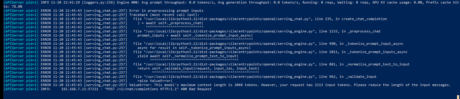 Screenshot of server logs showing a token-length error during on-premise LLM development with a 4060 GPU.