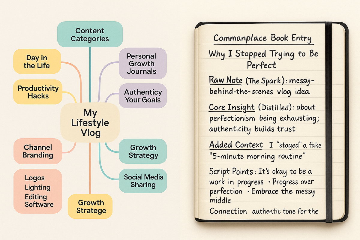 Split view of a colorful mind map and handwritten commonplace book entry about a lifestyle vlog.