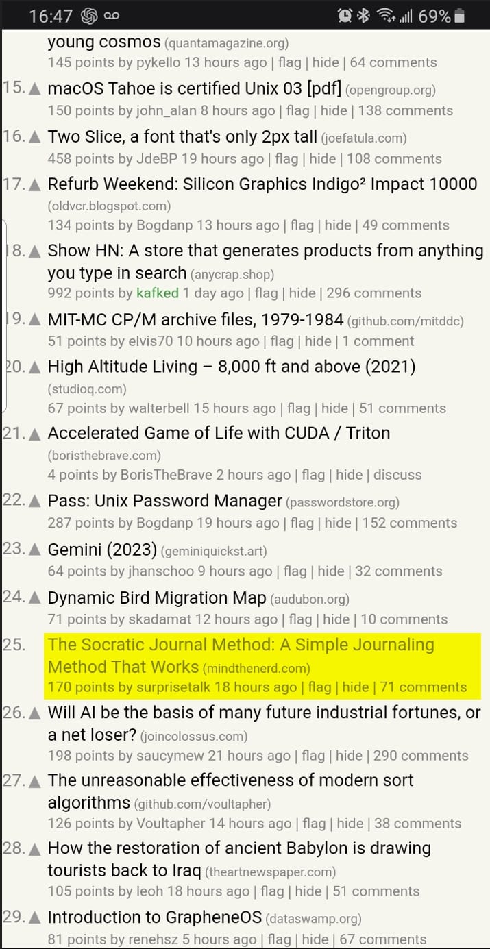 Screenshot of the Hacker News homepage showing the article 'The Socratic Journal Method: A Simple Journaling Method That Actually Works' on the front page with hundreds of comments.