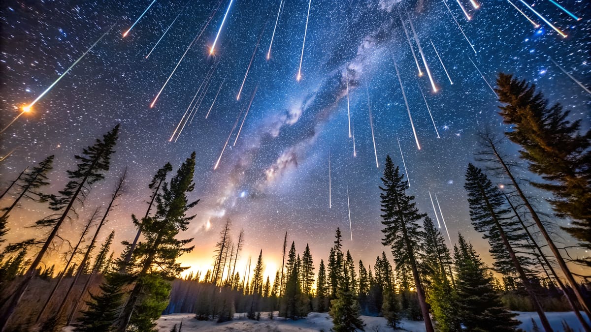A meteor shower streaks across a star-filled night sky above a forest, with the Milky Way visible