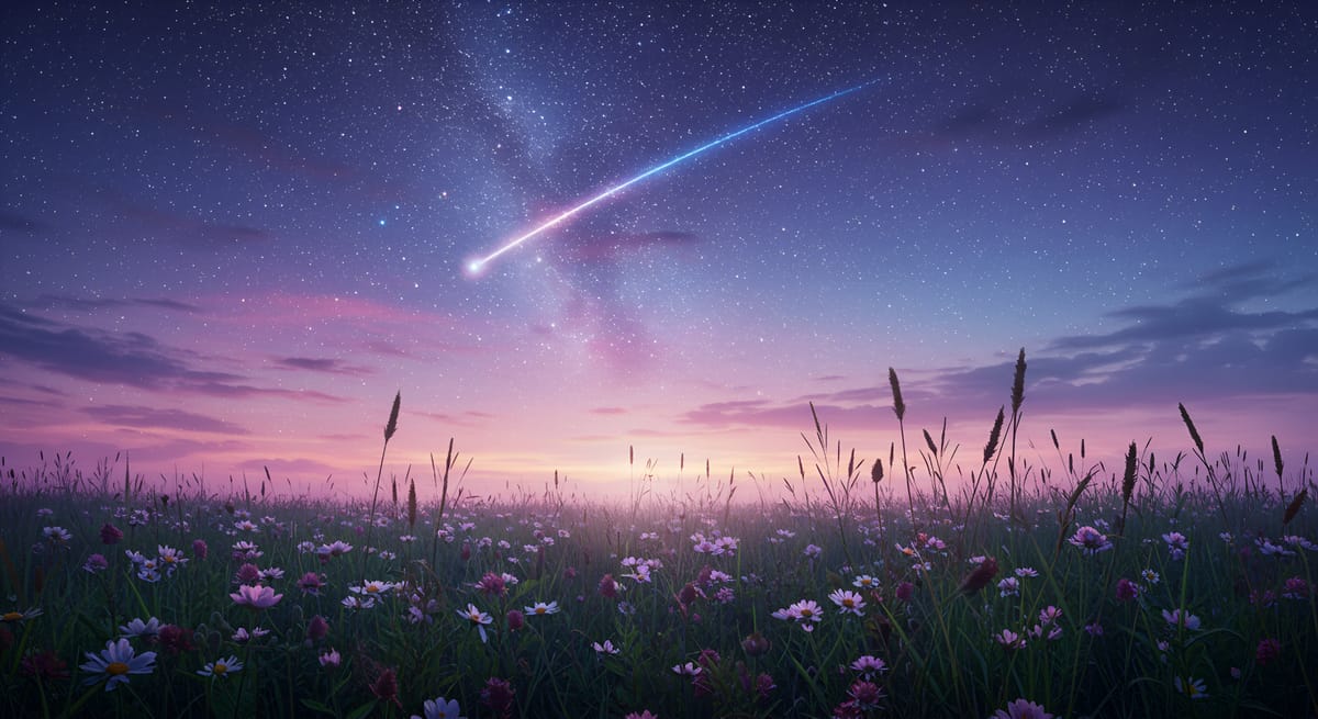 Meteor streaking through a starry night sky above a meadow of wildflowers at dawn, with a soft purple-pink horizon.