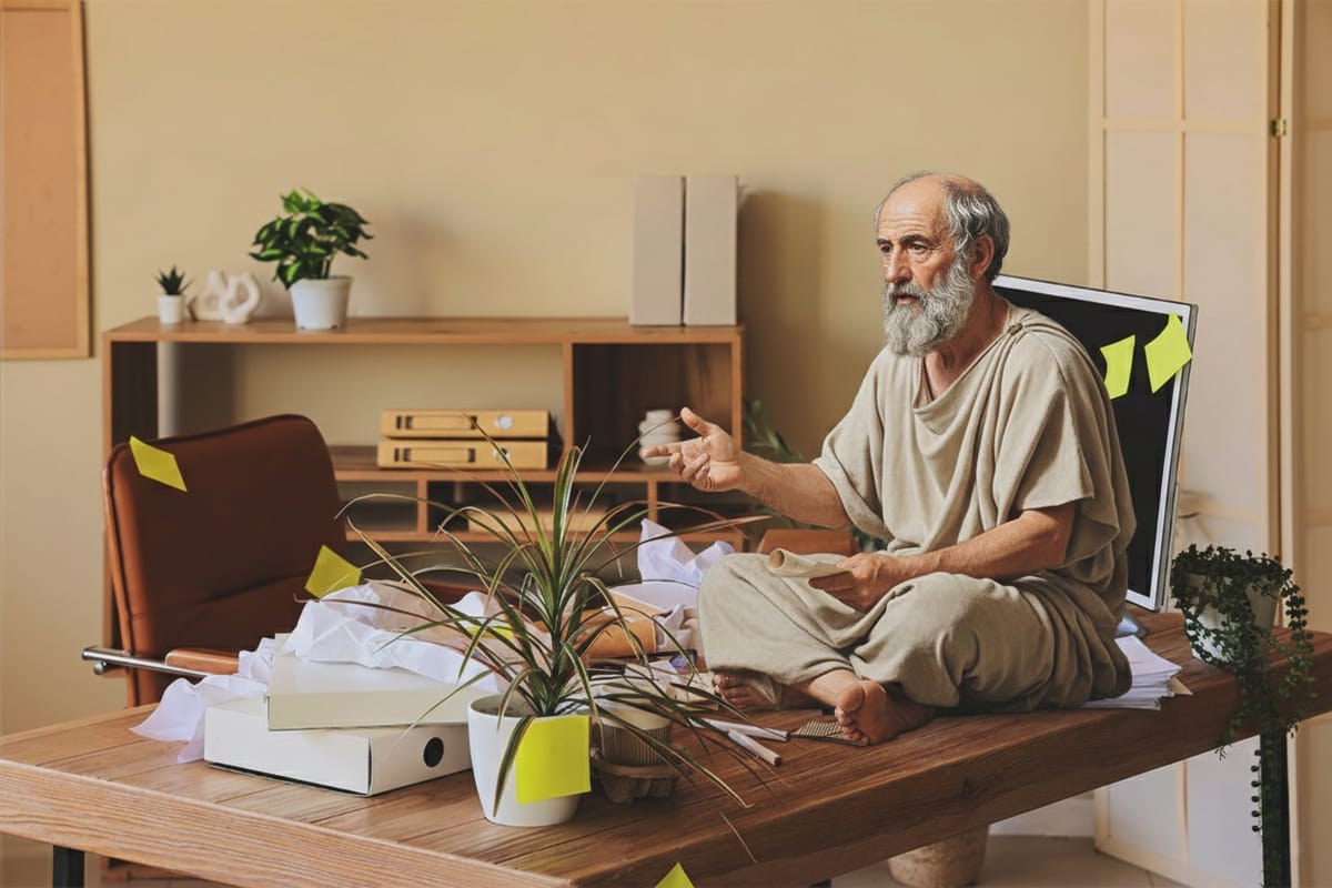 Ancient philosopher sitting on a cluttered desk surrounded by papers and sticky notes, symbolizing overwhelmed focus and stalled projects